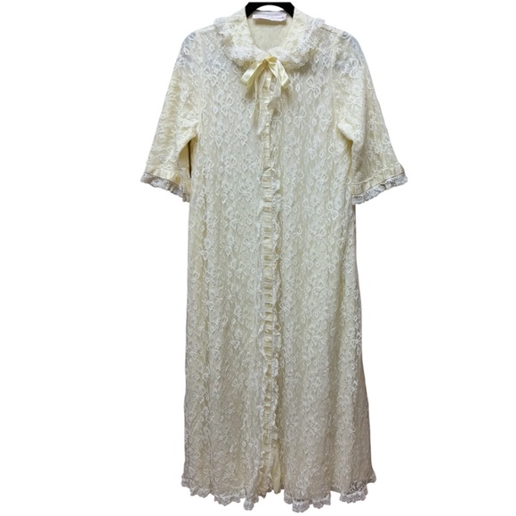 Vintage 50s/60s ODETTE BARSA Lace Dressing Robe Yellow Peignoir Pocket. Sz S/M